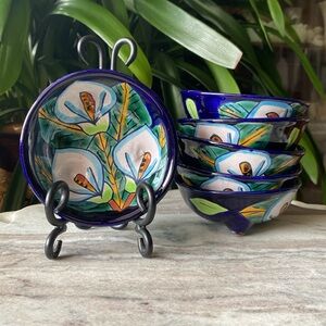 Vintage Set of 6 Hand Painted Lily Talavera Pottery Bowls - Made in Mexico